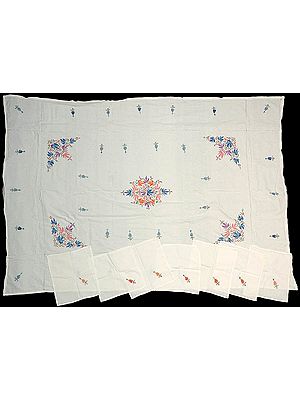 Eight Piece White Kashmiri Dinner Set with Floral Embroidery