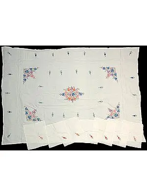 Eight Piece White Kashmiri Dinner Set with Floral Embroidery