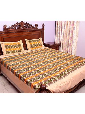Tri-Color Bedspread with Ikat Weave Hand-Woven in Pochampally