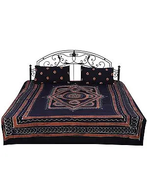 Turkish-Coffee Batik Bedspread with Printed Dots and Motifs