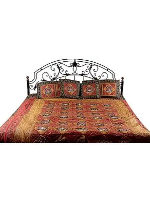 Tri-Color Seven-Piece Banarasi Bedcover with Woven Peacock