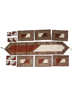 Ivory and Rust Fifteen Piece Banarasi Dinner Set with Golden Thread Weave and Green Brocaded Border