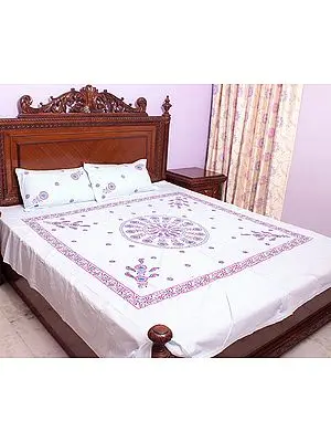 Powder-Blue Chikan Hand-Embroidered Pale-Yellow Bedspread from Lucknow