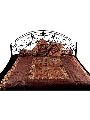 Cordovan and Rust Five-Piece Single-Bed Banarasi Bedcover with Tanchoi Weave