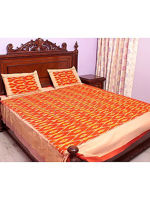 Orange and Amber Bedspread with Ikat Weave Hand-Woven in Pochampally