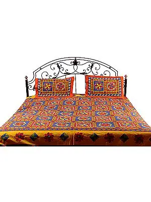 Multi-Color Kantha Stitch Sanganeri Printed Bedspread