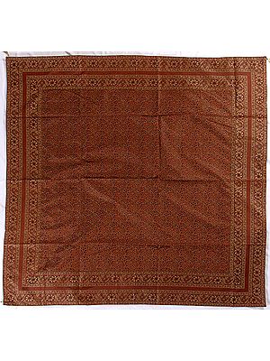Brown Tanchoi Table Cover from Banaras with All-Over Weave