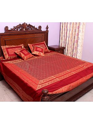 Red Tanchoi Bedcover from Banaras with All-Over Weave