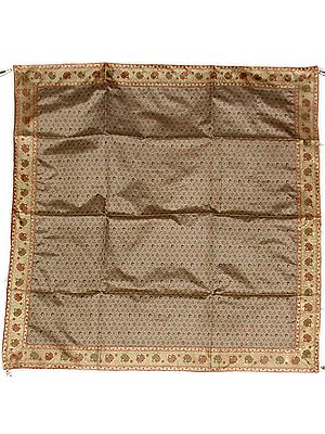 Beige Tanchoi Table Cover from Banaras with All-Over Weave and Floral Border