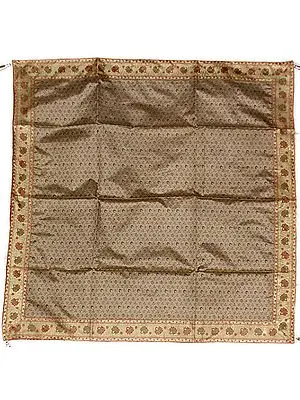 Beige Tanchoi Table Cover from Banaras with All-Over Weave and Floral Border