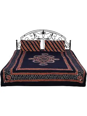 Jet-Black Batik Bedspread with Diagonal Strips and Printed Motifs