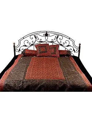 Black and Red Five-Piece Single-Bed Banarasi Bedcover with Tanchoi Weave