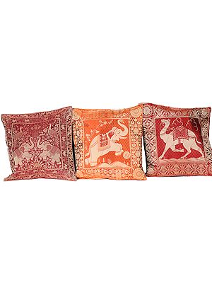 Lot of Three Cushion Covers from Banaras with Woven Elephant and Camel