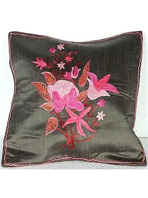 Dusty-Olive Cushion Cover from Kashmir with Ari Embroidered Flowers