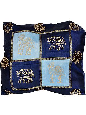 Blue Cushion Cover with Painted Elephants and Camels