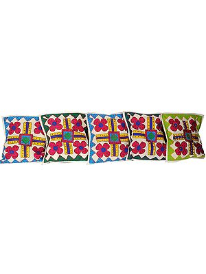 Lot of Five Gujarati Appliqué Cushion Cover with Embroidery and Mirrors