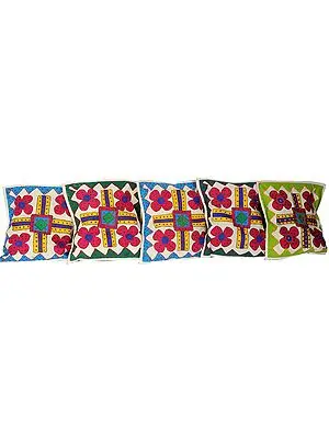 Lot of Five Gujarati Appliqué Cushion Cover with Embroidery and Mirrors