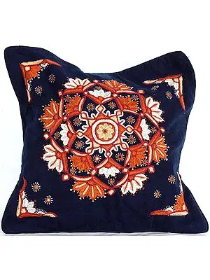 Navy-Blue Hand-Embroidered Paako Cushion Cover from Kutch with Mirrors