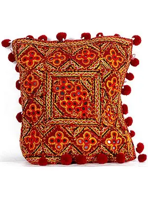 Maroon Cushion Cover from Kutch with Heavy-Embroidery and Mirrors