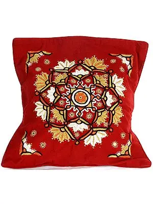 Maroon Hand-Embroidered Paako Cushion Cover from Kutch with Mirrors