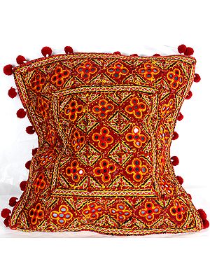 Maroon Cushion Cover from Kutch with Heavy-Embroidery and Mirrors