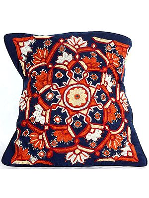 Navy-Blue Hand-Embroidered Paako Cushion Cover from Kutch with Mirrors