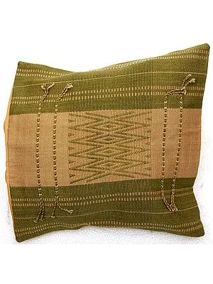 Beige and Green Hand-woven Cushion Cover from Nagaland with Tribal Motifs