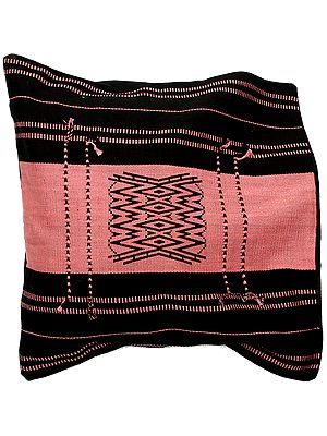 Pink and Black Hand-woven Cushion Cover from Nagaland with Tribal Motifs
