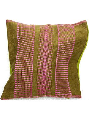 Green and Pink Hand-woven Cushion Cover from Nagaland with Tribal Motifs