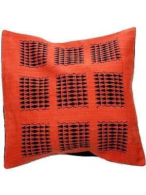 Coral and Black Hand-woven Cushion Cover from Nagaland with Tribal Motifs