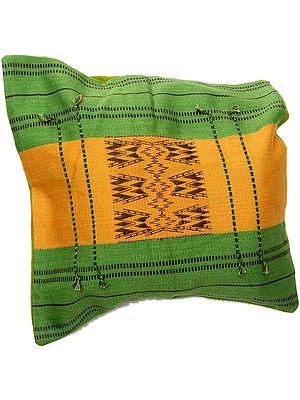 Green and Mustard Hand-woven Cushion Cover from Nagaland with Tribal Motifs