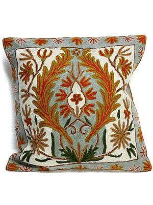 Floral Cushion Cover from Kashmir with Dense Chain Stitch Embroidery