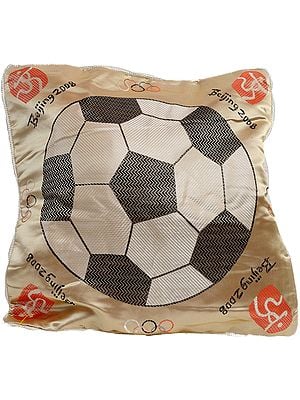 Beige Cushion Cover from Sikkim with Woven Football Commemorating Beijing Olympics
