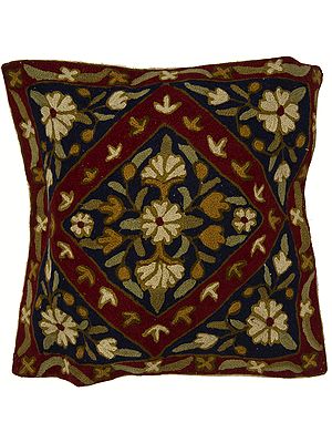 Blue and Red Floral Cushion Cover from Kashmir with Dense All-Over Ari Embroidery