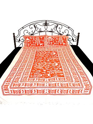 Orange and White Single-Bed Bedspread with Printed Figures Inspired by Warli Art
