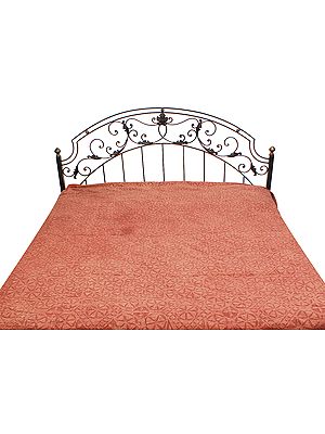 Chutney-Brown Stonewashed Bedspread with Floral Applique Work All-Over
