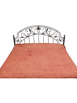 Chutney-Brown Stonewashed Bedspread with Floral Applique Work All-Over
