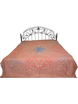 Red and Blue Reversible Jamawar Bedspread from Amritsar with Woven Paisleys