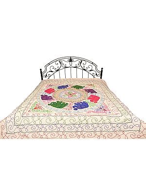 Gujarati Bedspread with Applique Elephants and Embroidered Sequins