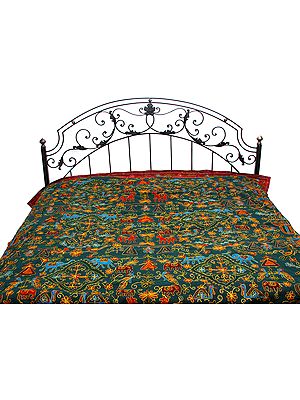 Green Gujarati Bedspread with Metallic Thread Embroidery All-Over