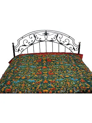 Green Gujarati Bedspread with Metallic Thread Embroidery All-Over