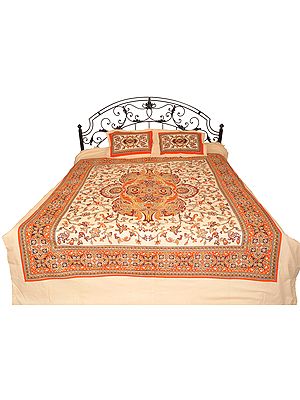 Cream and Orange Floral Printed Bedspread from Pilkhuwa