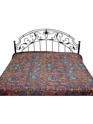 Gray Gujarati Bedspread with Metallic Thread Embroidery All-Over