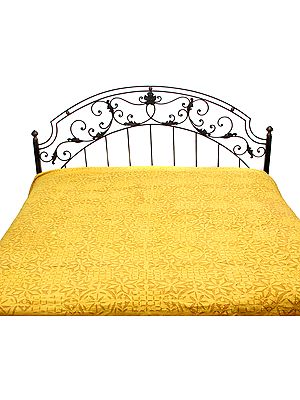 Yellow Stonewashed Bedspread with Floral Applique Work