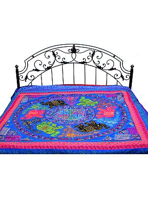 Clematis-Blue Gujarati Bedspread with Appliqué Elephants and All-Over Embroidery