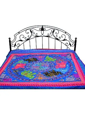 Clematis-Blue Gujarati Bedspread with Appliqué Elephants and All-Over Embroidery
