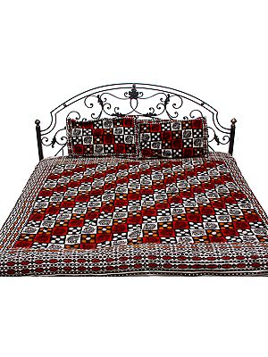 Tri-Color Bedspread from Pilkhuwa with Block-Printed Peacocks