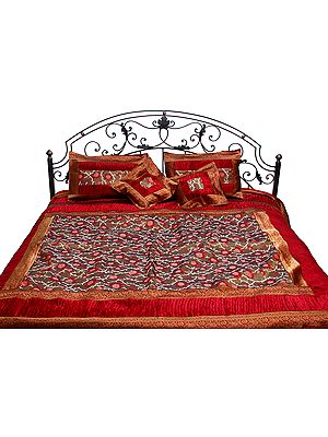 Red and Copper Five-Piece Banarasi Floral Bedspread and Brocaded Border
