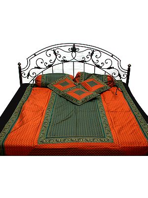 Dark-Green and Rust Six-Piece Single-Bed Banarasi Bedcover with Tanchoi Weave