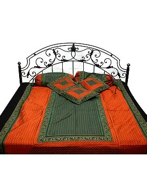 Dark-Green and Rust Six-Piece Single-Bed Banarasi Bedcover with Tanchoi Weave